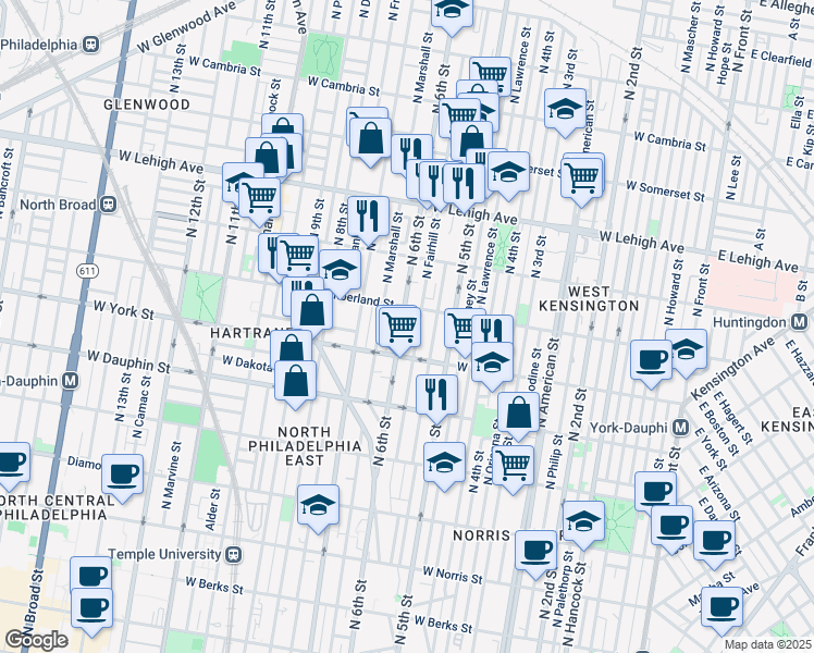 map of restaurants, bars, coffee shops, grocery stores, and more near 2435 North 6th Street in Philadelphia