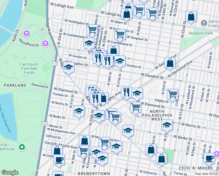 map of restaurants, bars, coffee shops, grocery stores, and more near 2147 North 28th Street in Philadelphia