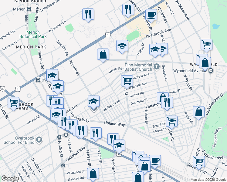 map of restaurants, bars, coffee shops, grocery stores, and more near Woodcrest Ave & N 58th St in Philadelphia