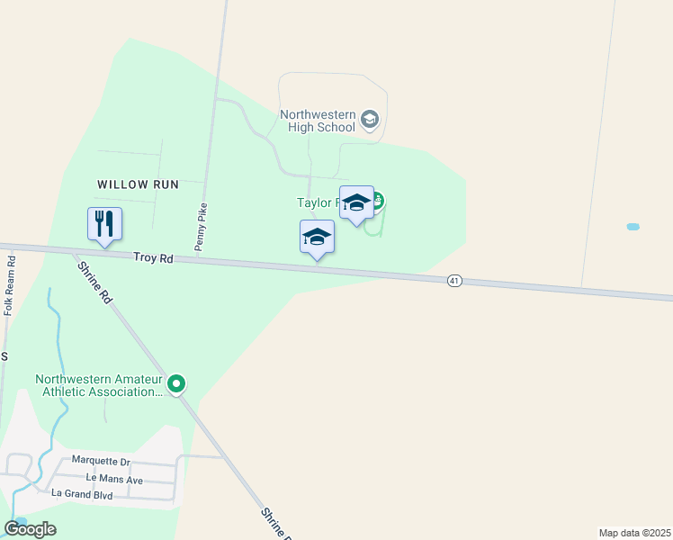 map of restaurants, bars, coffee shops, grocery stores, and more near 5650 Troy Road in Springfield