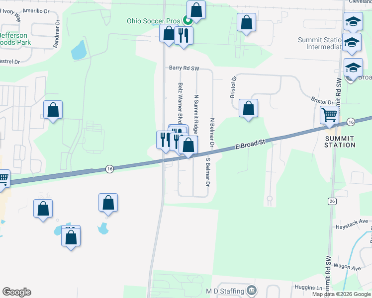 map of restaurants, bars, coffee shops, grocery stores, and more near 8900 East Broad Street in Pataskala