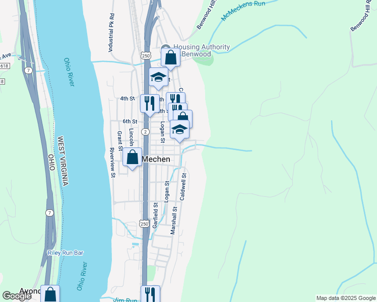 map of restaurants, bars, coffee shops, grocery stores, and more near 54 E 9th St in McMechen