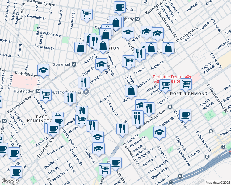 map of restaurants, bars, coffee shops, grocery stores, and more near 2100 East Cambria Street in Philadelphia