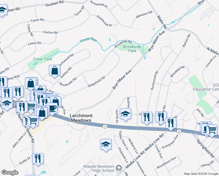 map of restaurants, bars, coffee shops, grocery stores, and more near 116 Bryn Mawr Avenue in Newtown Square