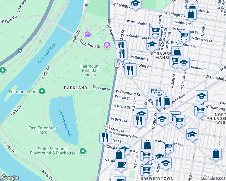 map of restaurants, bars, coffee shops, grocery stores, and more near 5219 West Diamond street in Philadelphia