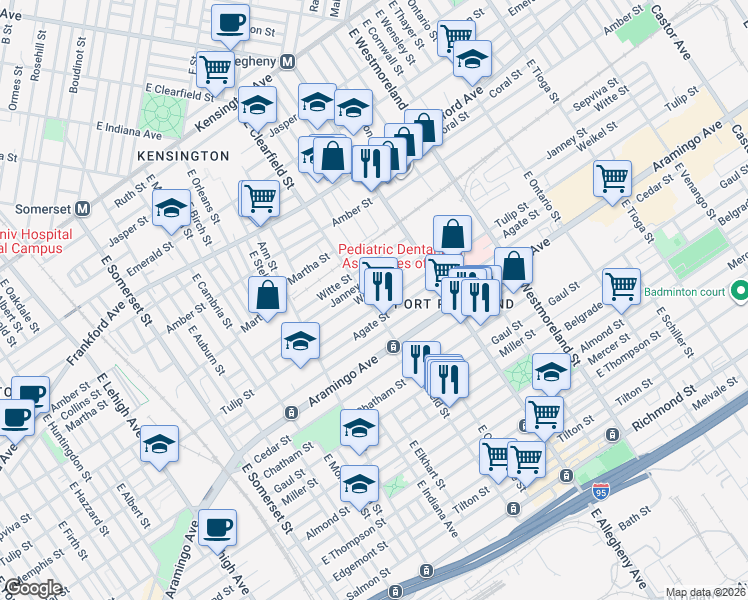 map of restaurants, bars, coffee shops, grocery stores, and more near 3105 Tulip Street in Philadelphia