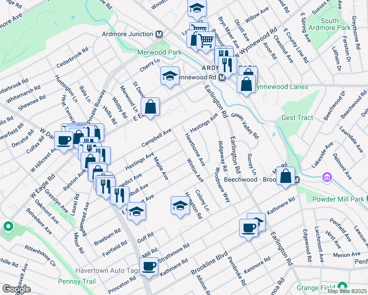 map of restaurants, bars, coffee shops, grocery stores, and more near 2101 Winton Avenue in Havertown
