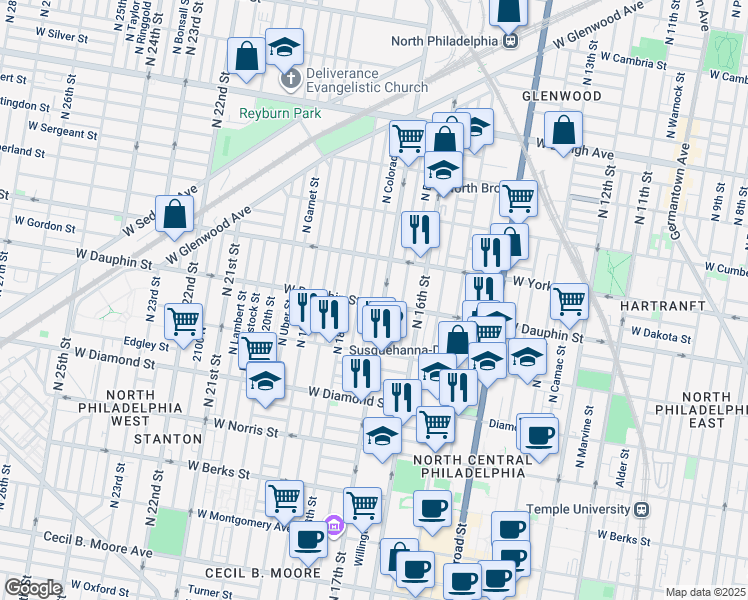 map of restaurants, bars, coffee shops, grocery stores, and more near 2301 N Colorado St in Philadelphia