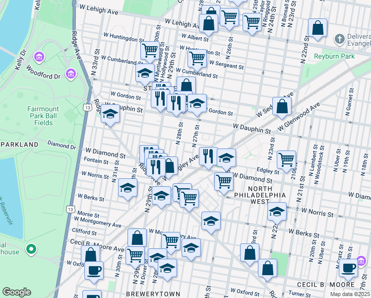 map of restaurants, bars, coffee shops, grocery stores, and more near 2147 North Marston Street in Philadelphia