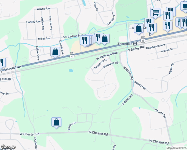 map of restaurants, bars, coffee shops, grocery stores, and more near 2774 Shelburne Road in Downingtown