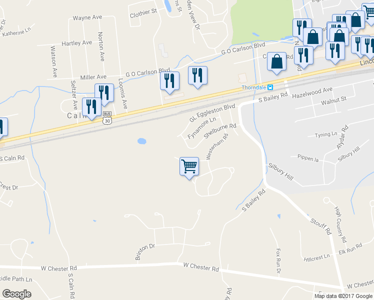 map of restaurants, bars, coffee shops, grocery stores, and more near 2774 Shelburne Road in Downingtown