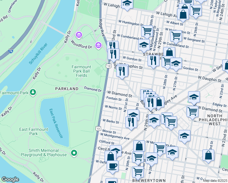 map of restaurants, bars, coffee shops, grocery stores, and more near 3211 West Diamond street in Philadelphia