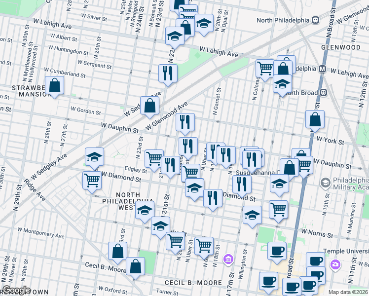 map of restaurants, bars, coffee shops, grocery stores, and more near 2236 North Woodstock Street in Philadelphia