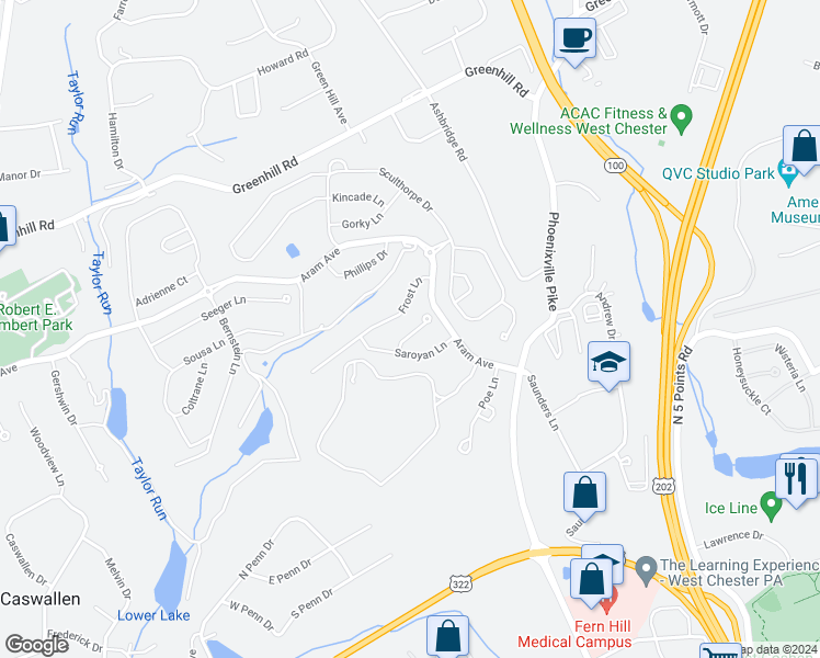 map of restaurants, bars, coffee shops, grocery stores, and more near 1911 Fitzgerald Lane in West Chester