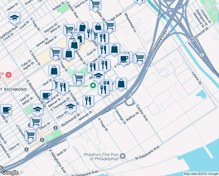 map of restaurants, bars, coffee shops, grocery stores, and more near 2752 East Pacific Street in Philadelphia