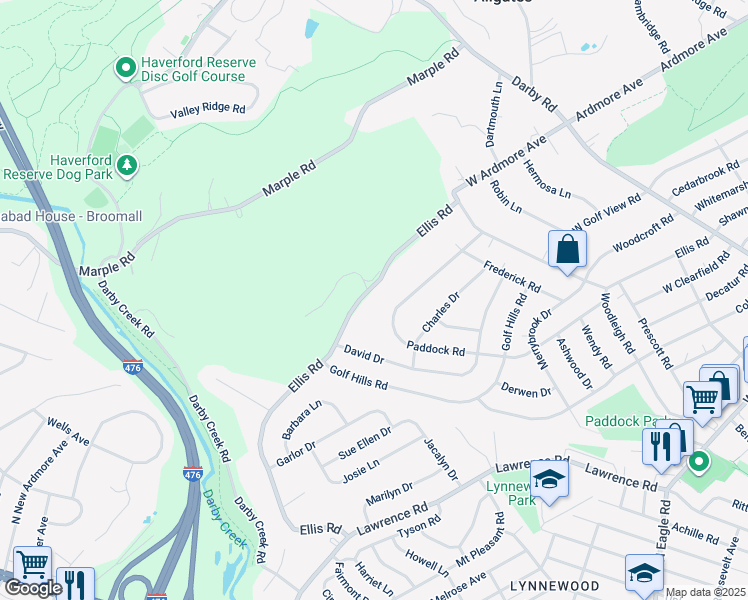 map of restaurants, bars, coffee shops, grocery stores, and more near 345 Ellis Road in Havertown