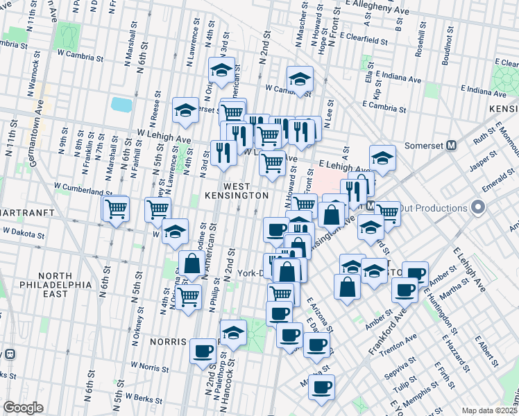 map of restaurants, bars, coffee shops, grocery stores, and more near 2519 North Hancock Street in Philadelphia