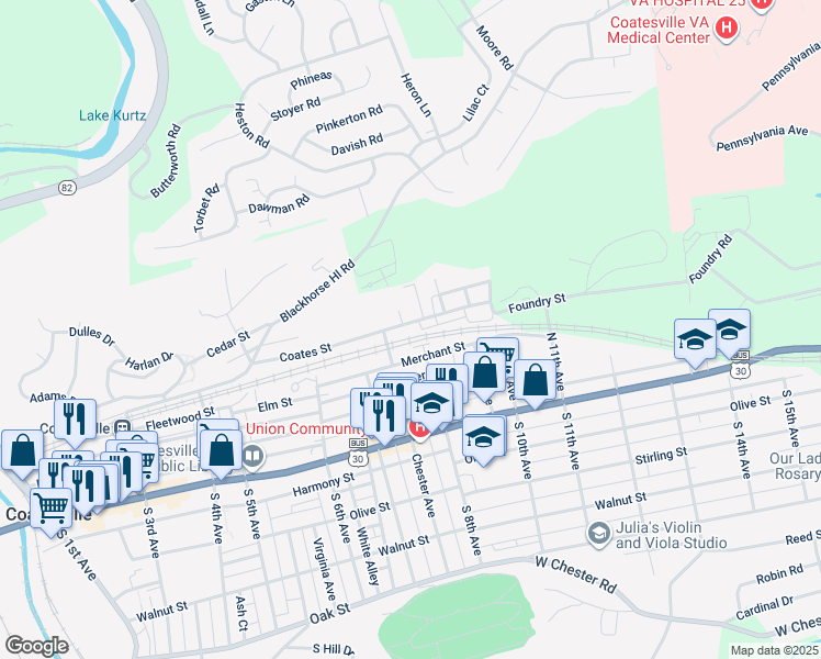 map of restaurants, bars, coffee shops, grocery stores, and more near 784 Coates Street in Coatesville