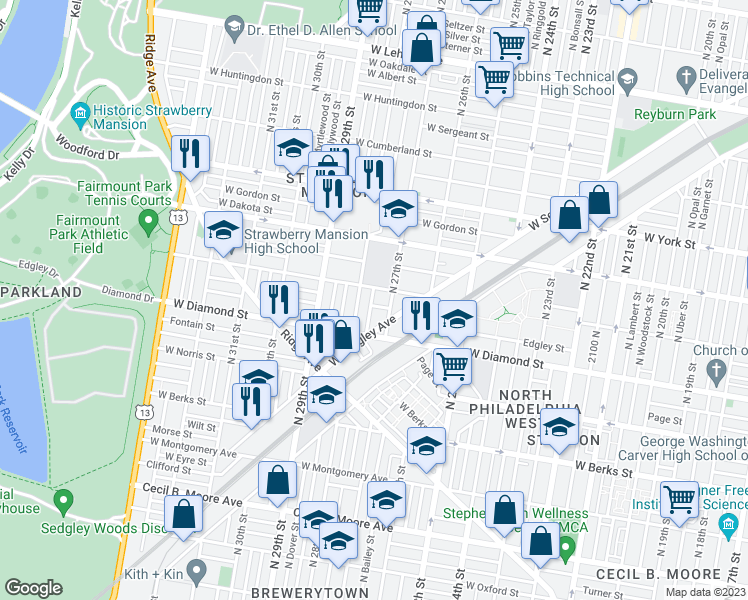 map of restaurants, bars, coffee shops, grocery stores, and more near 2147 North Marston Street in Philadelphia