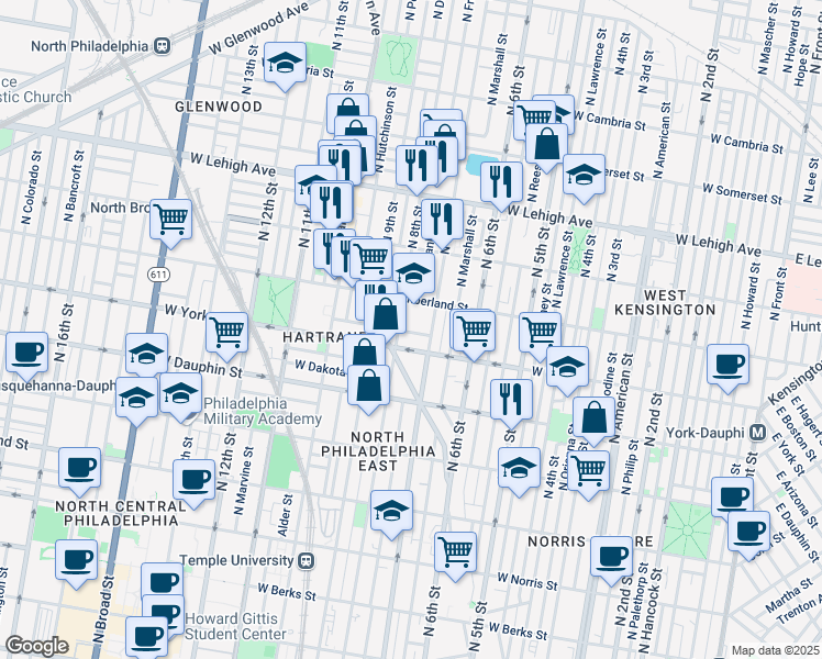 map of restaurants, bars, coffee shops, grocery stores, and more near 2428 North Franklin Street in Philadelphia