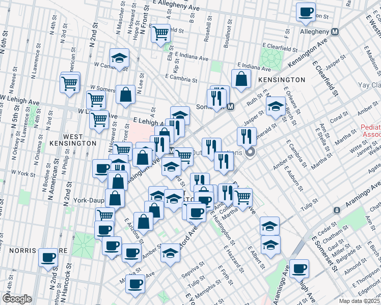 map of restaurants, bars, coffee shops, grocery stores, and more near 1836 East Albert Street in Philadelphia