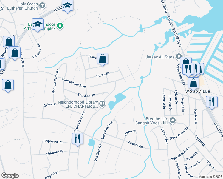 map of restaurants, bars, coffee shops, grocery stores, and more near 5 Oak Glen Road in Toms River