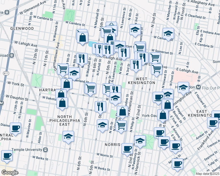 map of restaurants, bars, coffee shops, grocery stores, and more near 2454 North Lawrence Street in Philadelphia