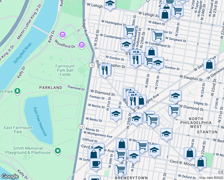 map of restaurants, bars, coffee shops, grocery stores, and more near 2117 North 31st Street in Philadelphia