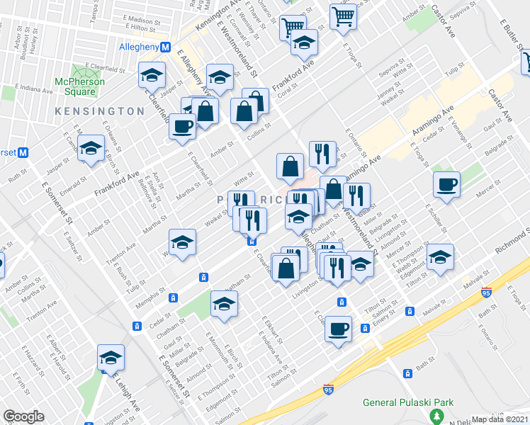 map of restaurants, bars, coffee shops, grocery stores, and more near 3163 Agate Street in Philadelphia