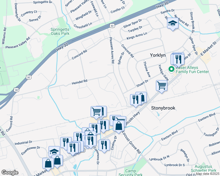 map of restaurants, bars, coffee shops, grocery stores, and more near 118 Pleasant Acres Road in York
