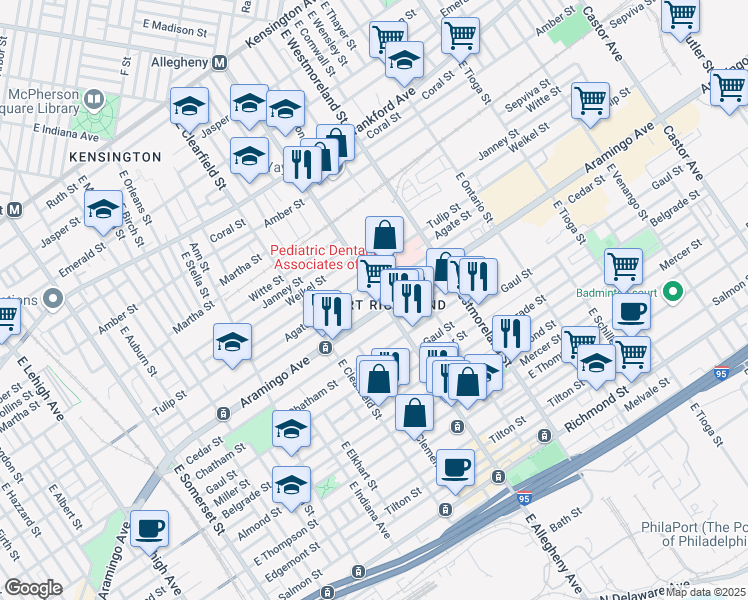 map of restaurants, bars, coffee shops, grocery stores, and more near 2332 East Allegheny Avenue in Philadelphia