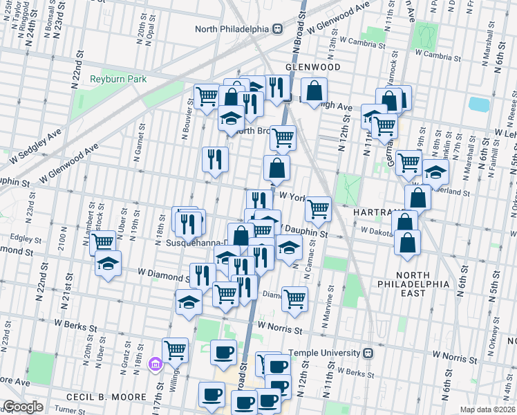 map of restaurants, bars, coffee shops, grocery stores, and more near 2320 North Broad Street in Philadelphia