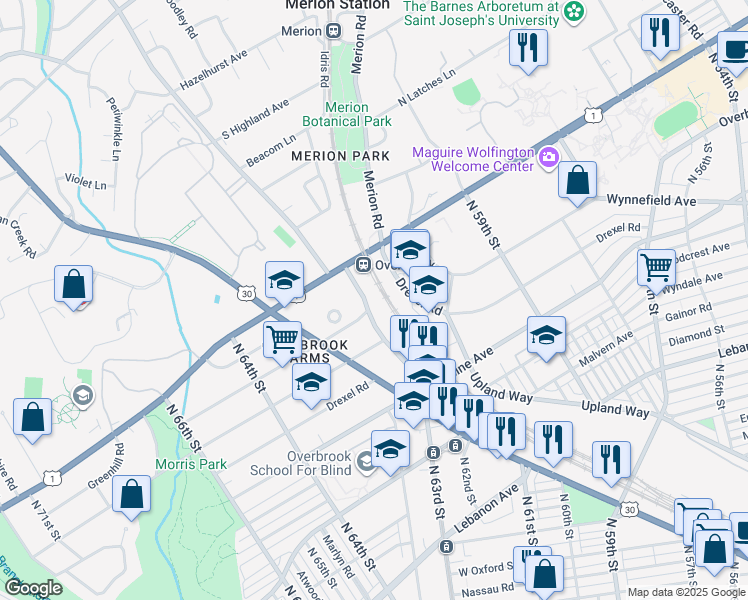 map of restaurants, bars, coffee shops, grocery stores, and more near 2097 North 63rd Street in Philadelphia