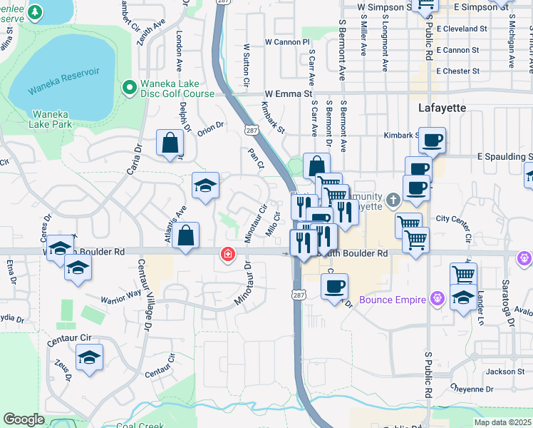 map of restaurants, bars, coffee shops, grocery stores, and more near 1031 Milo Circle in Lafayette