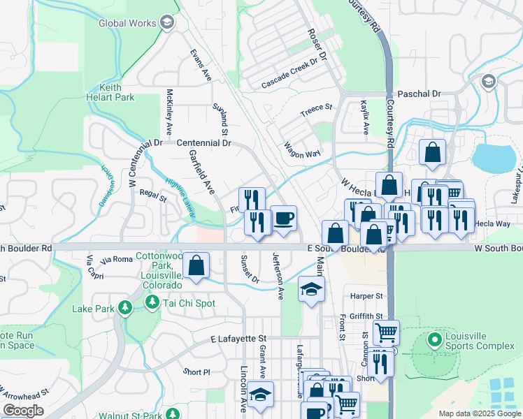 map of restaurants, bars, coffee shops, grocery stores, and more near 502 Fireside Street in Louisville