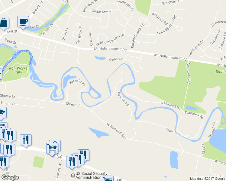 map of restaurants, bars, coffee shops, grocery stores, and more near 21 Paducah Road in Mount Holly