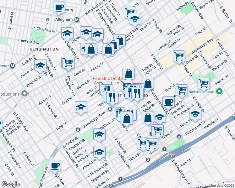 map of restaurants, bars, coffee shops, grocery stores, and more near 3163 Agate Street in Philadelphia