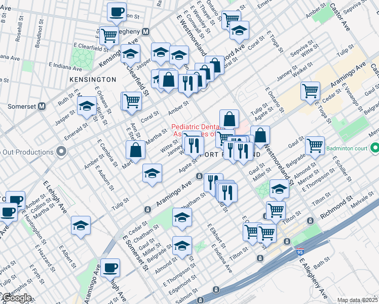 map of restaurants, bars, coffee shops, grocery stores, and more near 3105 Tulip Street in Philadelphia