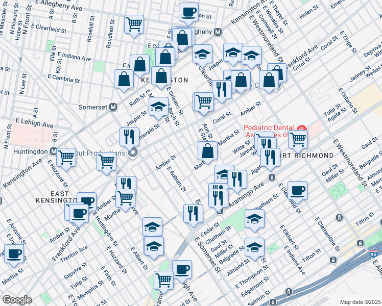 map of restaurants, bars, coffee shops, grocery stores, and more near 2116 East Birch Street in Philadelphia
