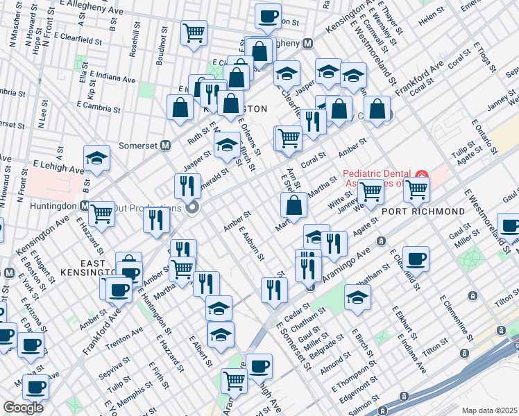 map of restaurants, bars, coffee shops, grocery stores, and more near 2100 East Cambria Street in Philadelphia