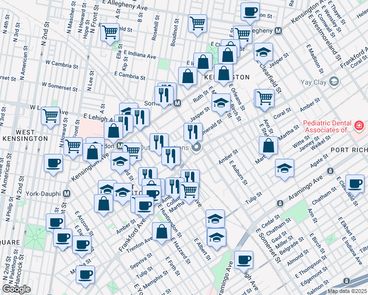 map of restaurants, bars, coffee shops, grocery stores, and more near 2000 East Silver Street in Philadelphia