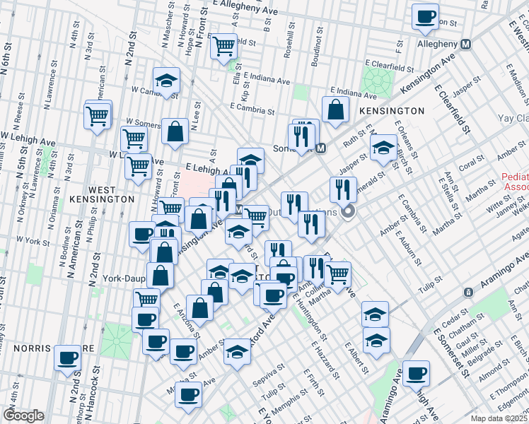 map of restaurants, bars, coffee shops, grocery stores, and more near 1836 East Albert Street in Philadelphia