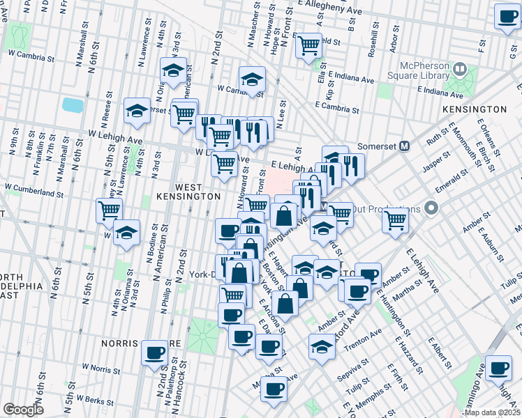 map of restaurants, bars, coffee shops, grocery stores, and more near 2535 North Lee Street in Philadelphia