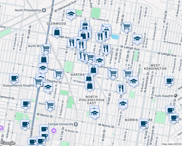map of restaurants, bars, coffee shops, grocery stores, and more near 2406 Germantown Avenue in Philadelphia