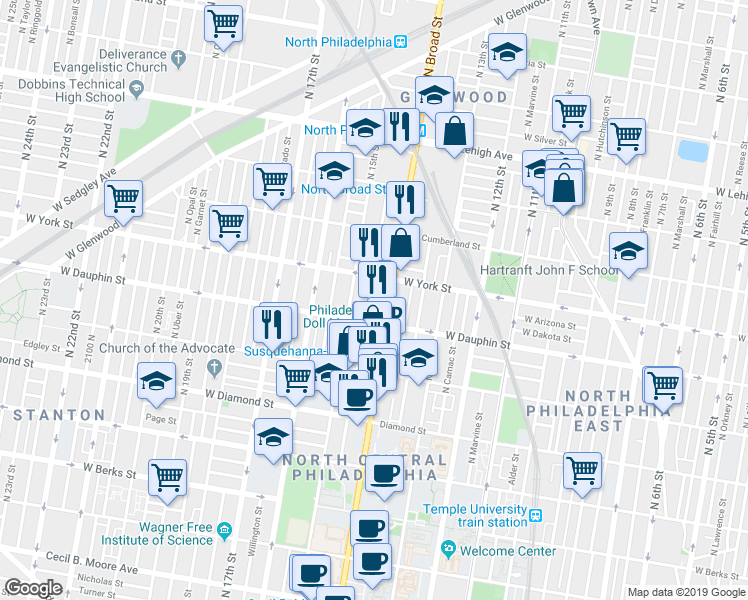 map of restaurants, bars, coffee shops, grocery stores, and more near 2320 North Broad Street in Philadelphia