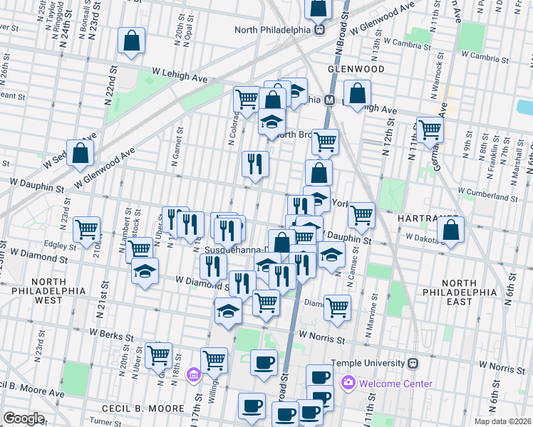 map of restaurants, bars, coffee shops, grocery stores, and more near 1545 West Dauphin Street in Philadelphia