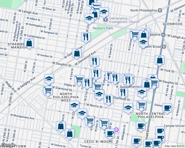 map of restaurants, bars, coffee shops, grocery stores, and more near 2236 North Woodstock Street in Philadelphia
