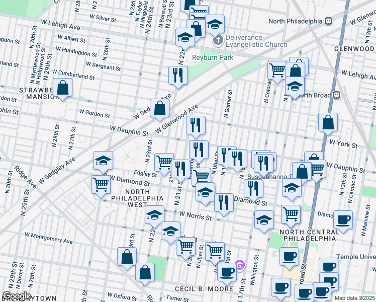 map of restaurants, bars, coffee shops, grocery stores, and more near 2241 North 21st Street in Philadelphia