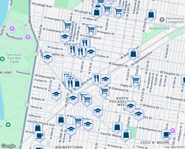 map of restaurants, bars, coffee shops, grocery stores, and more near 2637 West Sedgley Avenue in Philadelphia