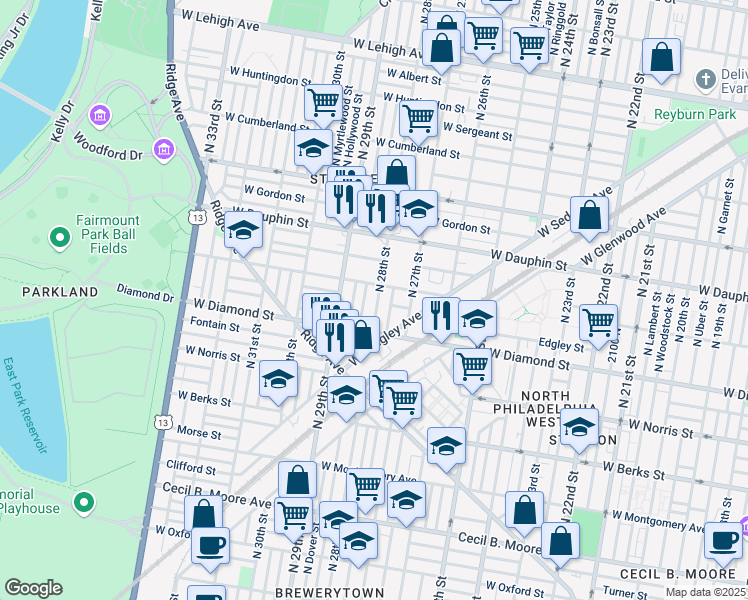 map of restaurants, bars, coffee shops, grocery stores, and more near 2139 North 28th Street in Philadelphia